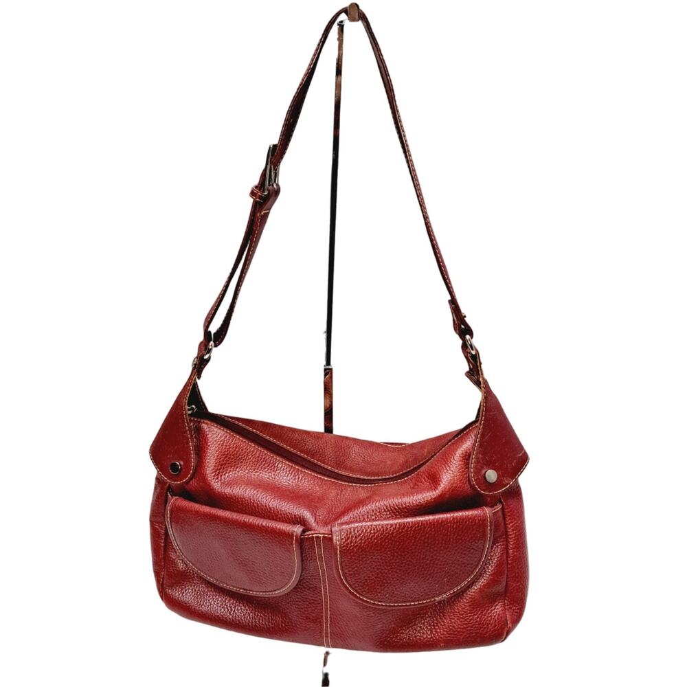 Maxx New York Red Leather Adjustable Strap Shoulder Bag Pockets 23"L x8" H x5" W